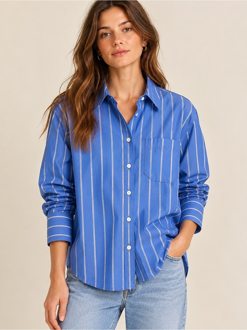 Sézane Oversized Blue and White Striped Button Down Shirt, Cotton, Size 38, US 6